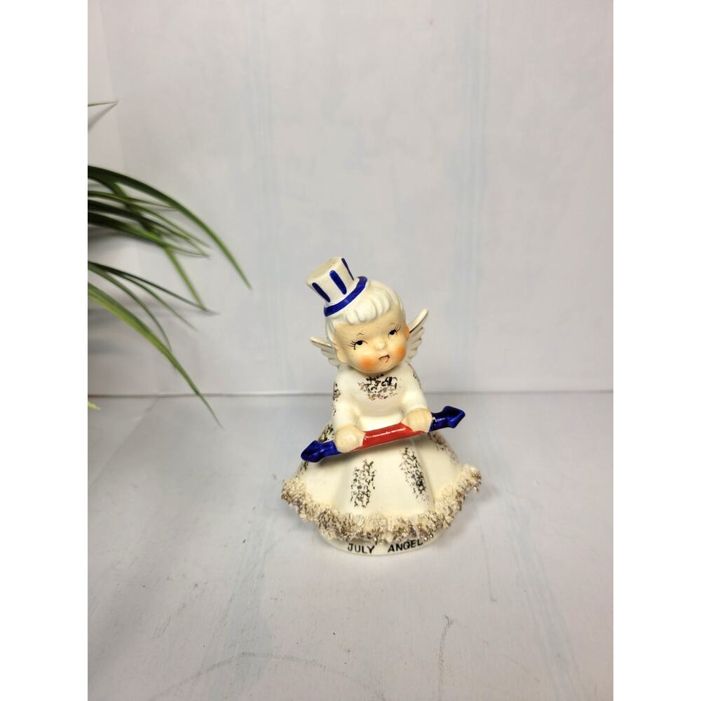 Vintage 1957 Norcrest July Birthday Angel Figurine F-120 Patriotic Uncle Sam Hat